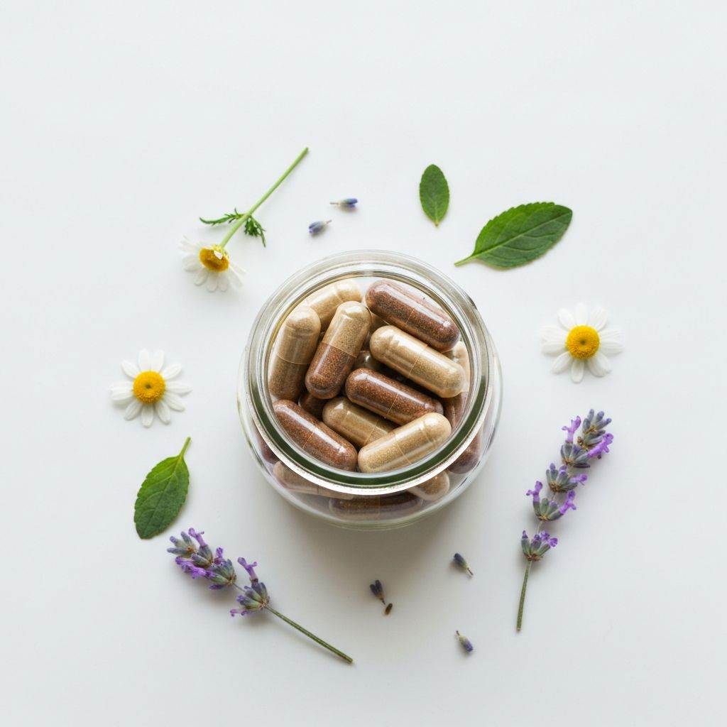 Glass jar with supplement capsules and herbs