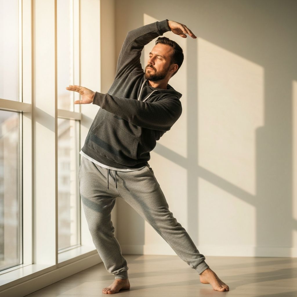 Man practicing morning stretching routine
